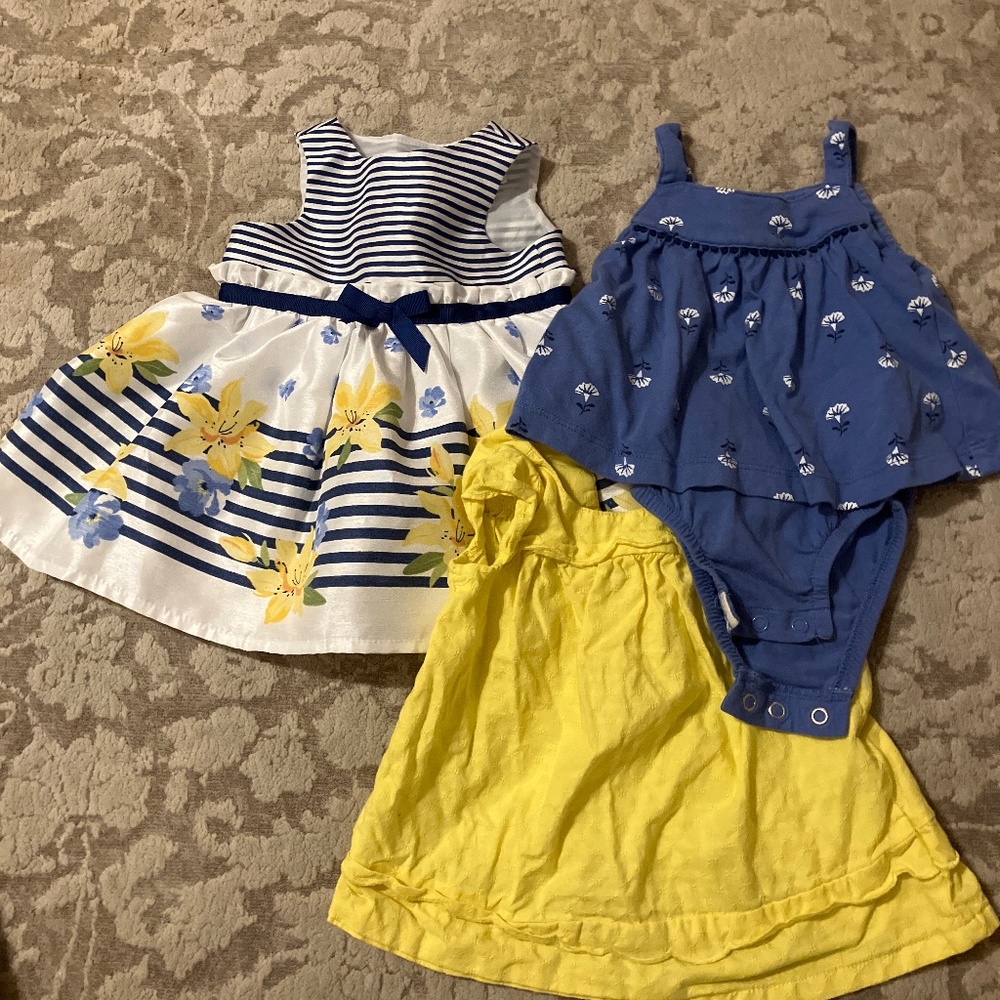3 yellow and blue dresses baby 0-3